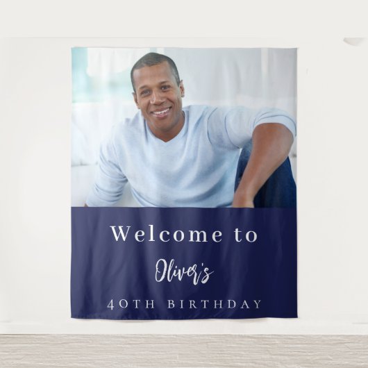 ネイビーブルーの写真の誕生日へようこそ タペストリー (正面)