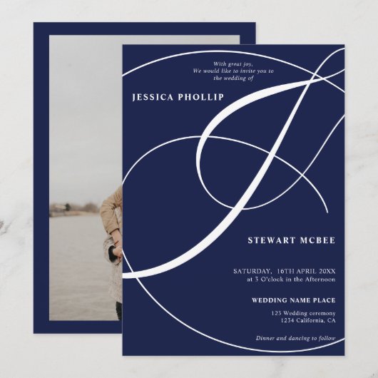 ネイビーブルーの写真付きカリグラフィー結婚式 招待状 (正面/裏面)