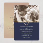 ネイビーブルーの写真付き結婚式招待状（QRコード付き） 招待状 (正面/裏面)