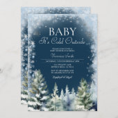ネイビーブルーの冬の松の木のベイビーシャワーの雪の結晶 招待状 (正面/裏面)