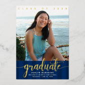 ネイビーブルーの卒業写真モダンスクリプ実在ト金ゴールド 箔招待状 (正面)