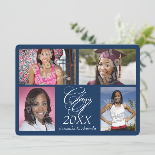 ネイビーブルーの卒業発表4枚写真コラージュ 招待状 (スタンド正面)