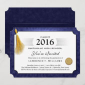 ネイビーブルーの卒業証書とゴールドタッセルの卒業式 招待状 (正面/裏面)