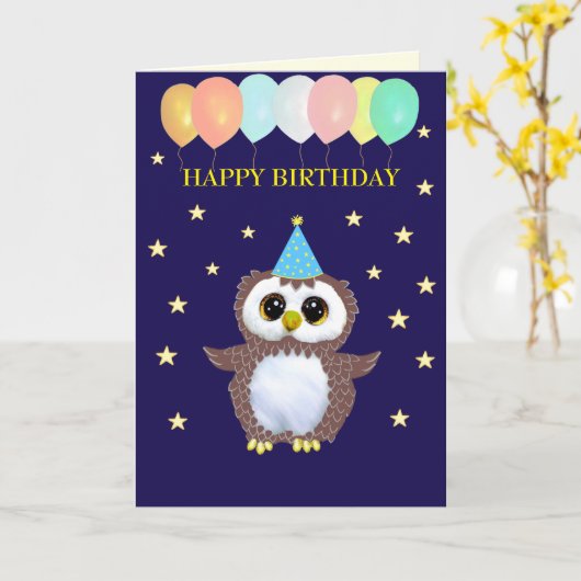 ネイビーブルーの可愛いフクロウと編集可能誕生日の願い カード (黄色い花)