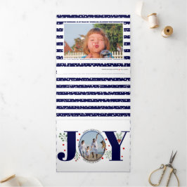 ネイビーブルーの喜びとベリーのクリスマスホリデーフォト 三つ折りクリスマスカード