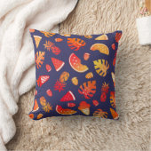 ネイビーブルーの夏のトロピカルオレンジフルーツ クッション (ブランケット)