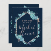 ネイビーブルーの多肉植物が私のメイド・オブ・オーナー(花嫁付き添い人) 招待状 (正面/裏面)