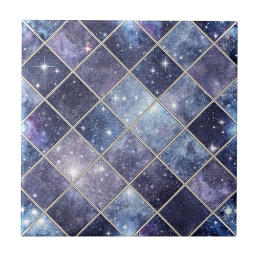 ネイビーブルーの天体ダイヤモンド格子星 タイル (正面)
