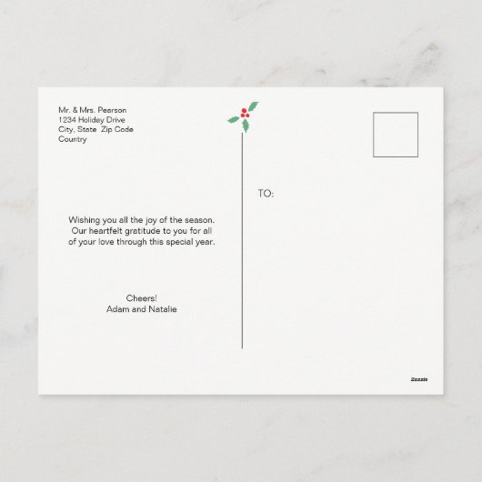 ネイビーブルーの字で　結婚おめでとう　そして　メリークリスマス シーズンポストカード (裏面)