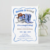 ネイビーブルーの宇宙カウガールブーツとラメの誕生日 招待状 (スタンド正面)