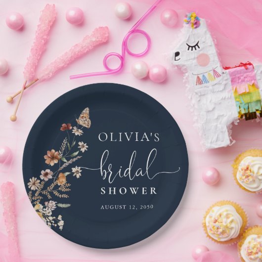 ネイビーブルーの小さな野の花のブライズシャワー ペーパープレート (パーティー)