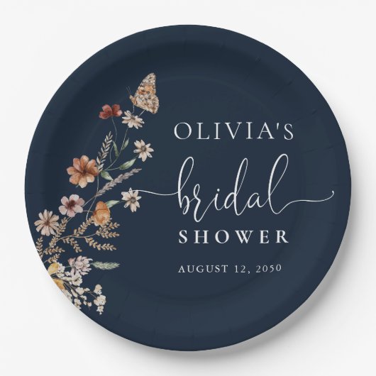 ネイビーブルーの小さな野の花のブライズシャワー ペーパープレート (正面)