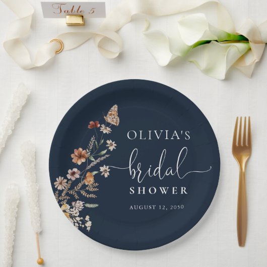 ネイビーブルーの小さな野の花の花嫁シャワーパーティー ペーパープレート (ウェディング)