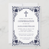 ネイビーブルーの少年写真 ヴィンテージ エレガント確認 招待状 (正面)