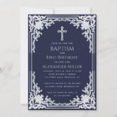 ネイビーブルーの少年洗礼・生後1年目のクラシカルなクロス 招待状 (正面)