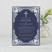 ネイビーブルーの少年洗礼・生後1年目のクラシカルなクロス 招待状 (スタンド正面)