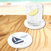 ネイビーブルーの帆船の湖の家+家族の名前 コースター