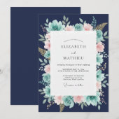 ネイビーブルーの幻想的な植物の結婚式 招待状 (正面/裏面)