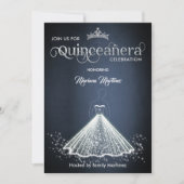 ネイビーブルーの愛らしい輝くドレスQuince In 招待状 (正面)