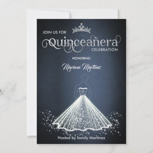 ネイビーブルーの愛らしい輝くドレスQuince In 招待状 (正面)