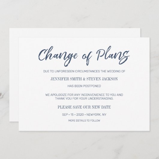 ネイビーブルーの手書きで変更のお知らせ 招待状 (正面/裏面)