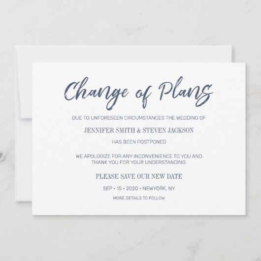 ネイビーブルーの手書きで結婚式の計画変更のお知らせ 招待状 (正面)