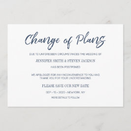 ネイビーブルーの手書きで結婚式の計画変更のお知らせ 招待状