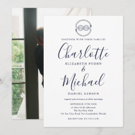 ネイビーブルーの手書き風スクリプトとマリンノットが特徴の結婚式のフォトウェディング 招待状