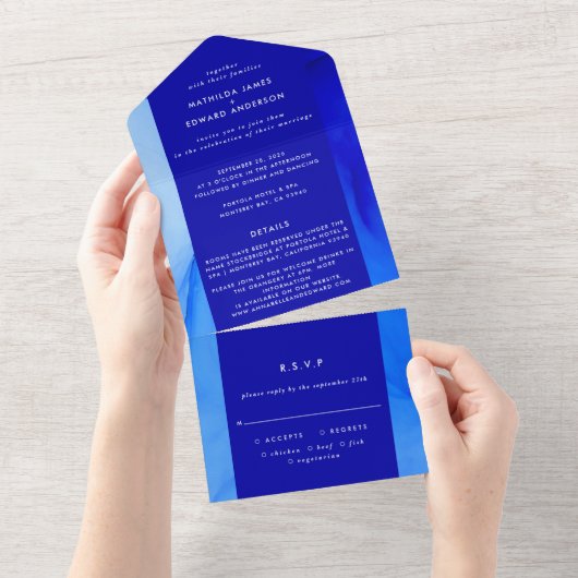 ネイビーブルーの抽象的なアート風RSVP ウェディング オールインワン招待状 (貼ってはがせる)