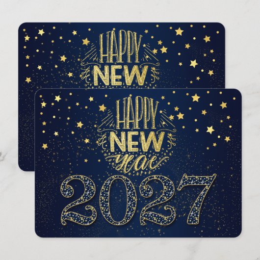 ネイビーブルーの新年2027年とゴールドの星 シーズンカード (正面/裏面)