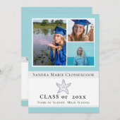 ネイビーブルーの星型卒業おめでとう 招待状 (正面/裏面)