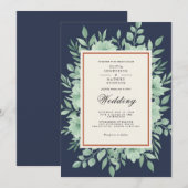 ネイビーブルーの春の植物の結婚式 招待状 (正面/裏面)