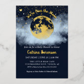 ネイビーブルーの月と星の上に金ゴールド赤ちゃんシャワー 箔招待状 (正面)