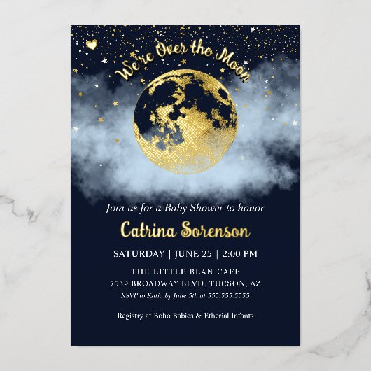 ネイビーブルーの月と星の上に金ゴールド赤ちゃんシャワー 箔招待状 (正面)