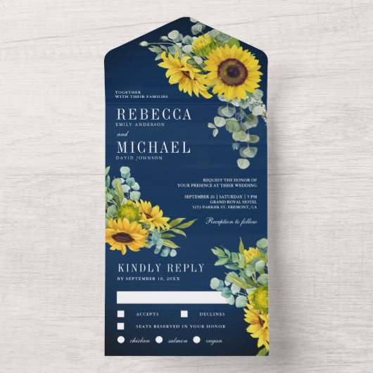 ネイビーブルーの木製ひまわりとユーカリの結婚式 オールインワン招待状 (内側)
