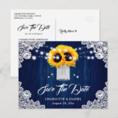 ネイビーブルーの木製花レースひまわりウェディング 案内ポストカード (正面/裏面)