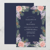 ネイビーブルーの松かさと花の冬の結婚式 招待状 (正面/裏面)