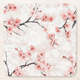 ネイビーブルーの桜の花びら ピンクとホワイト カスタム スクエアペーパーコースター