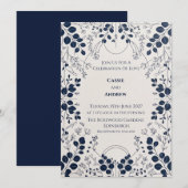 ネイビーブルーの植物画が描かれたボタニカルフラワーの結婚式招待状 招待状 (正面/裏面)