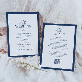 ネイビーブルーの正式な結婚式招待状(RSVP QRコード付き) 招待状