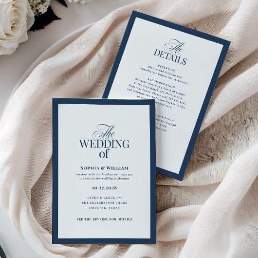 ネイビーブルーの正式な結婚式招待状(RSVP QRコード付き) 招待状