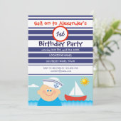 ネイビーブルーの水兵の少年と帆船の最初の誕生日 招待状 (スタンド正面)