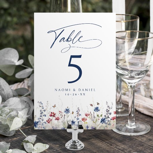 ネイビーブルーの水彩の野の花のラスティックな結婚式 テーブルナンバー