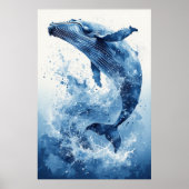 ネイビーブルーの水彩クジラ ビーチナーセリー 壁アート ポスター (正面)