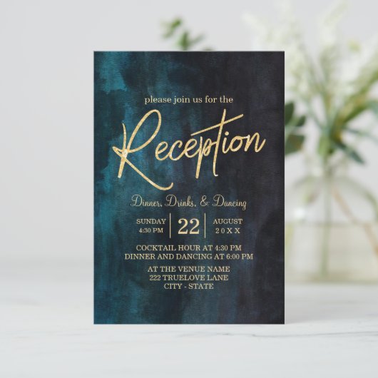 ネイビーブルーの水彩画とゴールドの結婚式の披露宴 招待状 (スタンド正面)