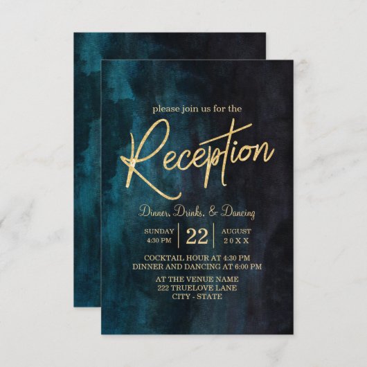 ネイビーブルーの水彩画とゴールドの結婚式の披露宴 招待状 (正面/裏面)