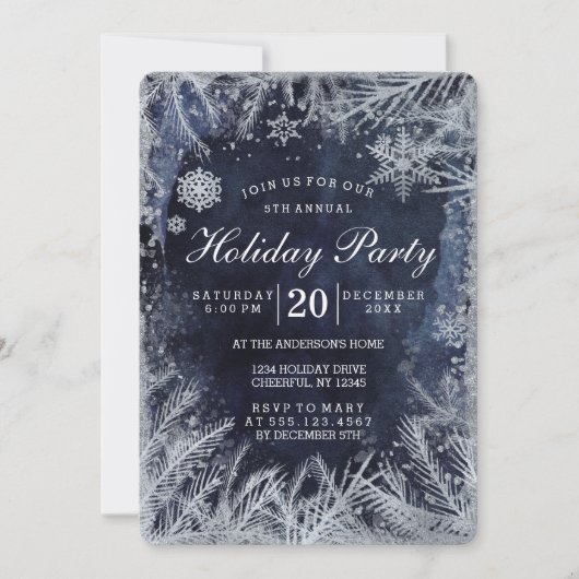 ネイビーブルーの水彩画とシルバーのクリスマスパーティー 招待状 (正面)