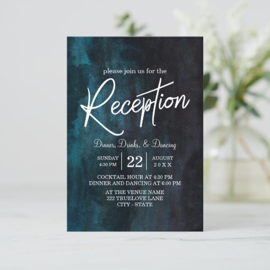 ネイビーブルーの水彩画と白の結婚式の披露宴 招待状 (スタンド正面)