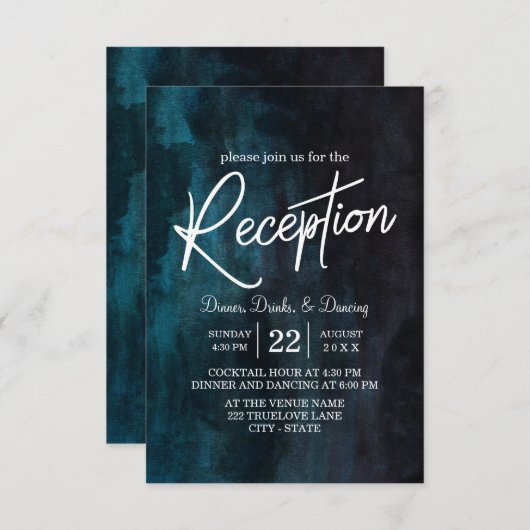 ネイビーブルーの水彩画と白の結婚式の披露宴 招待状 (正面/裏面)