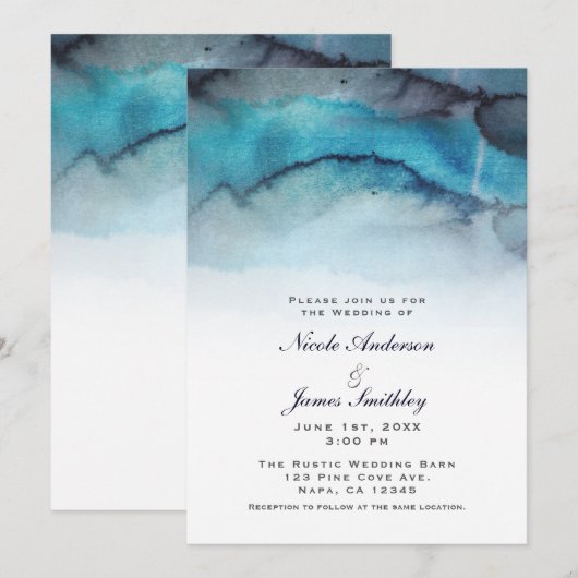 ネイビーブルーの水彩画のような海岸の抽象的な波のデザイン 招待状 (正面/裏面)